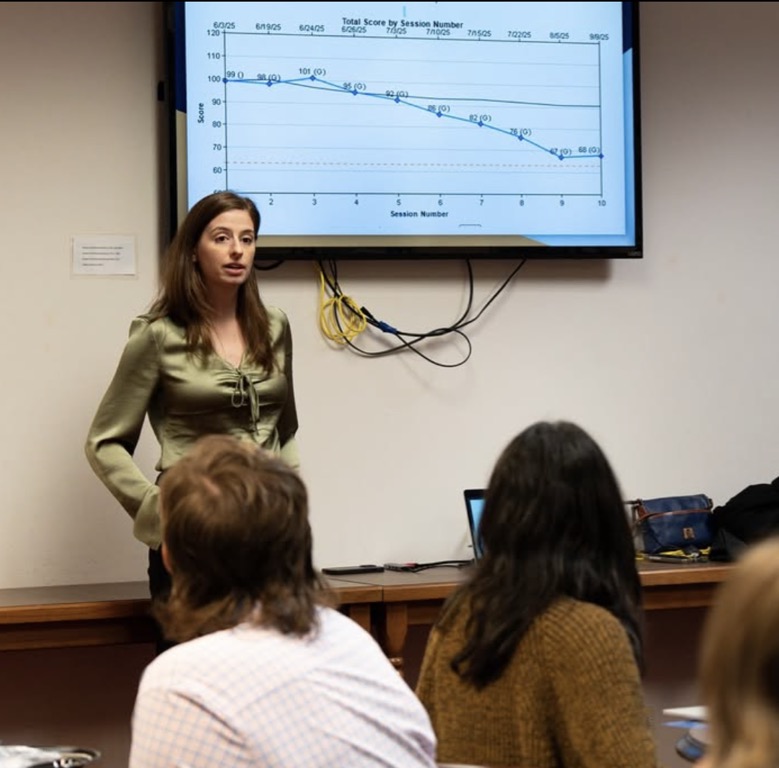 Emily Satel presenting ketamine therapy efficacy data at the Texas Capitol